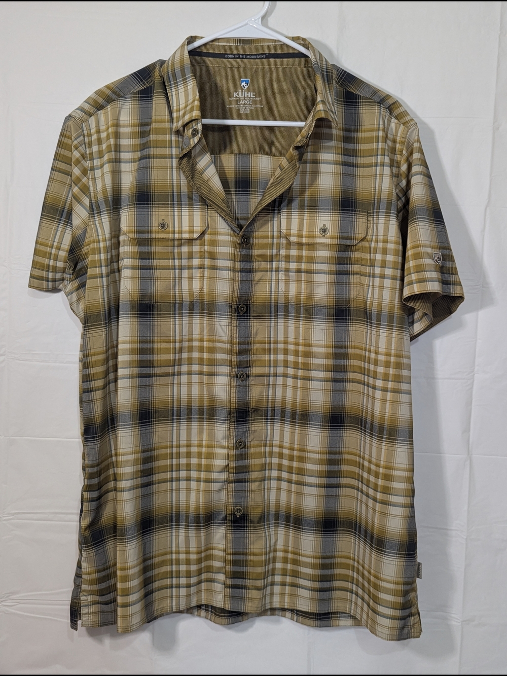 KÜHL Plaid Button Up Shirt Men's Large Tan Blue Short Sleeve Outdoor Hiking Camp
